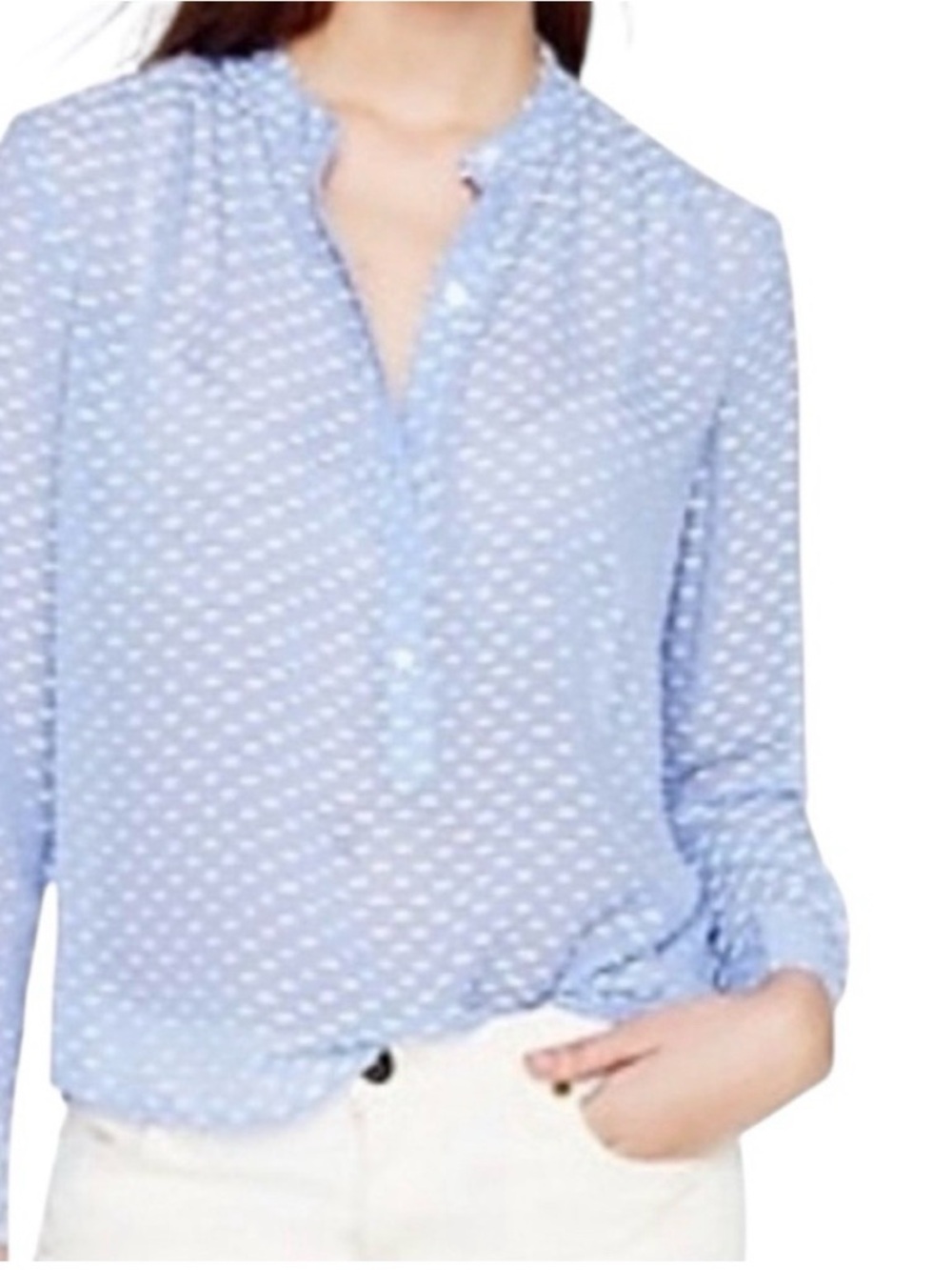 J. Crew collection 100% silk Light Blue Polka Dot Henley Blouse